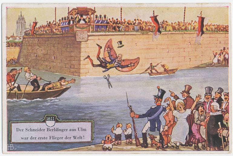 Historische Postkarte zu Berblingers Flugversuch