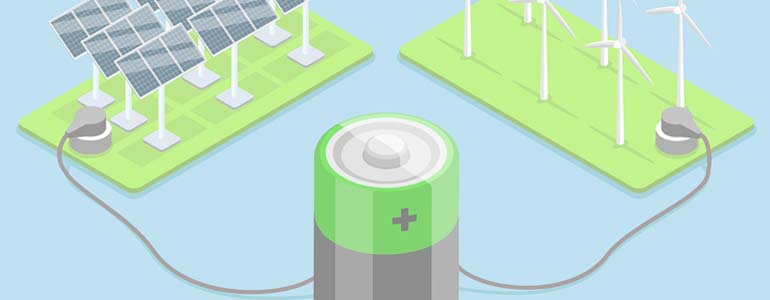 Batterie, Windräder und Solaranlagen